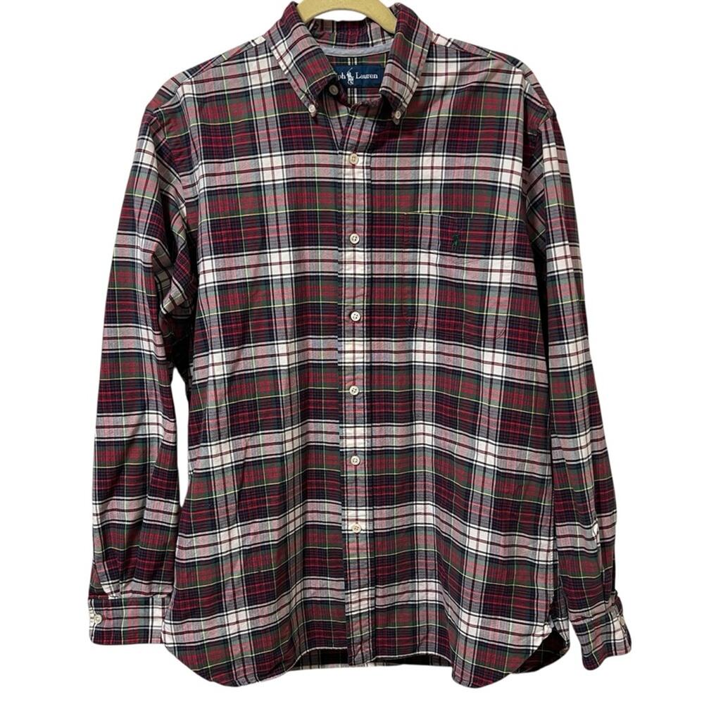 Ralph Lauren Christmas Tartan Plaid Button Down Shirt M 90s Vintage